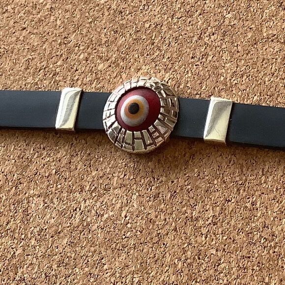 STERLING SILVER 925 SILICONE BLACK BAND RED EVAL EYE GOOD LUCK BRACELET STERLING - Picture 8 of 9